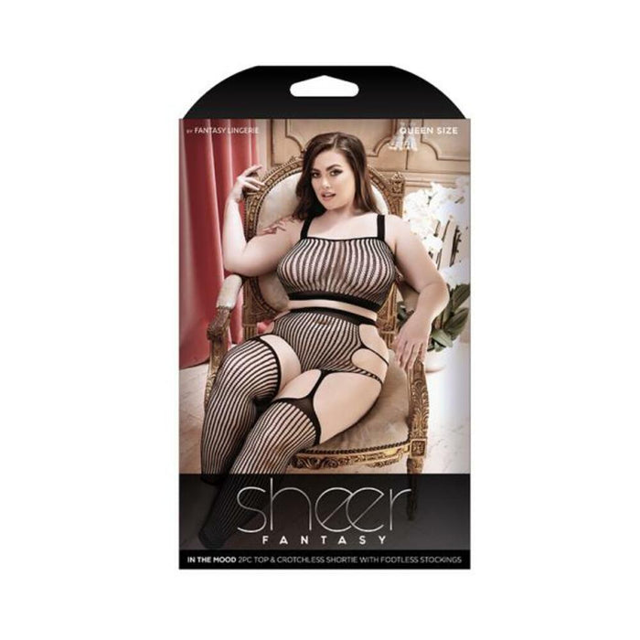 Fantasy Lingerie Sheer In The Mood 2-Piece Crop Top & Crotchless Shortie With Attached Footless Stockings | SexToy.com
