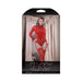 Red sheer long sleeve open back teddy bodystocking with gartered thigh-highs on model.
