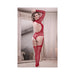 Woman wearing red sheer open back long sleeve teddy bodystocking with gartered thigh-highs in a softly lit room.