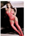 Model wearing sheer sunset coral halter teddy bodystocking with attached stockings sitting on black sofa