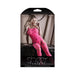 Packaging image of neon pink sheer geometric gartered bodystocking worn by model sitting on vintage trunk.