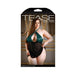 Plus size model wearing teal halter tie babydoll with sheer black skirt and matching G-string in elegant room setting.