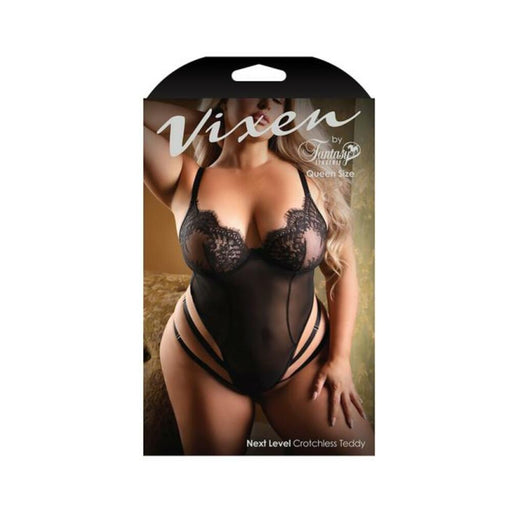 Fantasy Lingerie Vixen Next Level Strappy Crotchless Teddy With Lace Underwire Cups Black Queen Size - SexToy.com