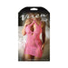 Pink lace multi-way strap dress with floral patterns, featuring keyhole cutouts and a fitted silhouette on a model.