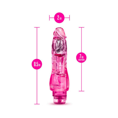 Pink flexible vibrating dildo with 8.5-inch length and 2-inch width, featuring 7-inch insertable shaft and internal bullet vibrator.