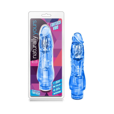 Blue translucent flexible vibrating dildo with realistic design, shown packaged and unpackaged.