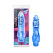 Blue translucent flexible vibrating dildo with realistic design, shown packaged and unpackaged.