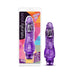 Purple flexible vibrating dildo with realistic design shown in and out of colorful packaging.