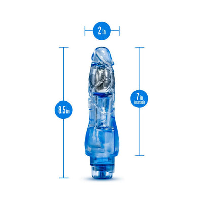 Blue translucent flexible vibrating dildo with measurements showing 8.5 inches length and 2 inches width.