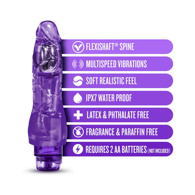Purple flexible vibrating dildo with labeled features including multispeed vibrations, waterproof, and phthalate-free design.