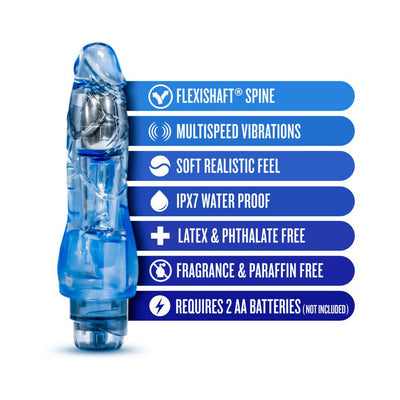 Transparent purple flexible vibrating dildo with product features listed on blue bars beside it.