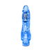 Transparent blue flexible vibrating dildo with realistic shape and internal motor visible on white background