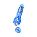 Transparent blue flexible vibrating dildo with removable battery cap showing AA battery inside.