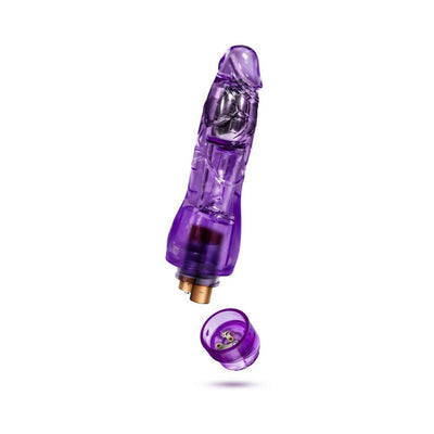 Purple flexible vibrating dildo with removable battery cap shown against white background
