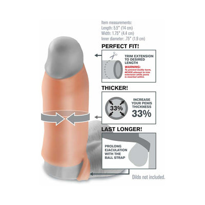 Beige Fantasy X-tension Real Feel Enhancer sleeve with trim and ball strap features, shown on a model for size reference.