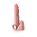 Light skin tone silicone penis extension sleeve with textured details and flexible ball strap, shown with removable tip extender.