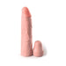 Realistic flesh-toned silicone penis extension sleeve with removable 1-inch plug extender on white background.