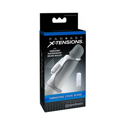 Packaging of Fantasy X-Tensions Vibrating Cock Sling in clear with waterproof micro bullet vibrator shown on a gray model.
