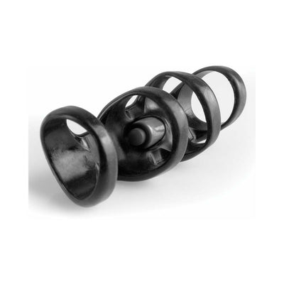 Black vibrating power cage with four stretchy rings and internal micro vibrator for enhanced erection support and partner stimulation.