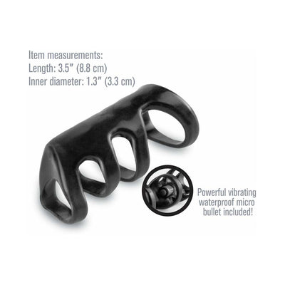 Black vibrating power cage with four stretchy rings and included waterproof micro bullet vibrator, 3.5 inches long.