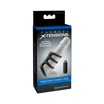 Packaging of Fantasy X-Tensions Vibrating Power Cage in black with waterproof micro bullet vibrator shown on front.