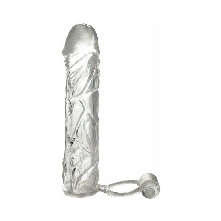 Clear textured vibrating super sleeve with attached ball strap and removable bullet vibrator.