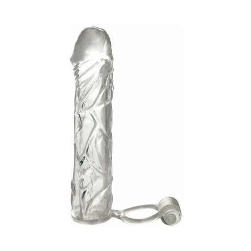 Clear textured vibrating super sleeve with attached ball strap and removable bullet vibrator.