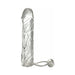 Clear textured vibrating super sleeve with attached ball strap and removable bullet vibrator.