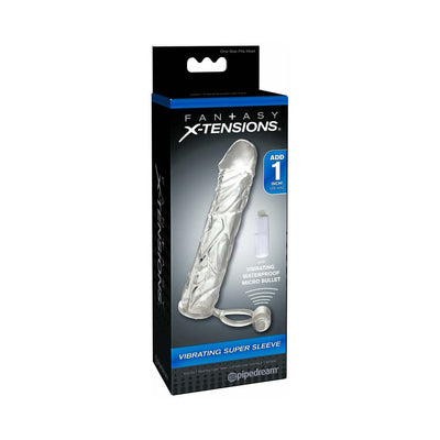 Clear vibrating super sleeve extension with ball strap in black and blue Fantasy X-Tensions packaging.