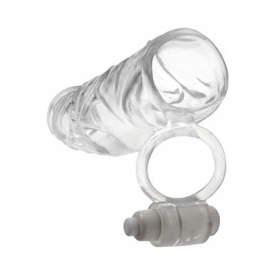 Clear textured vibrating super sleeve with attached ring and removable bullet vibrator for enhanced pleasure.