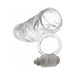 Clear textured vibrating super sleeve with attached ring and removable bullet vibrator for enhanced pleasure.