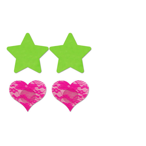 Fashion Pasties Set: Neon Green Solid Star Neon Pink Lace Heart - SexToy.com