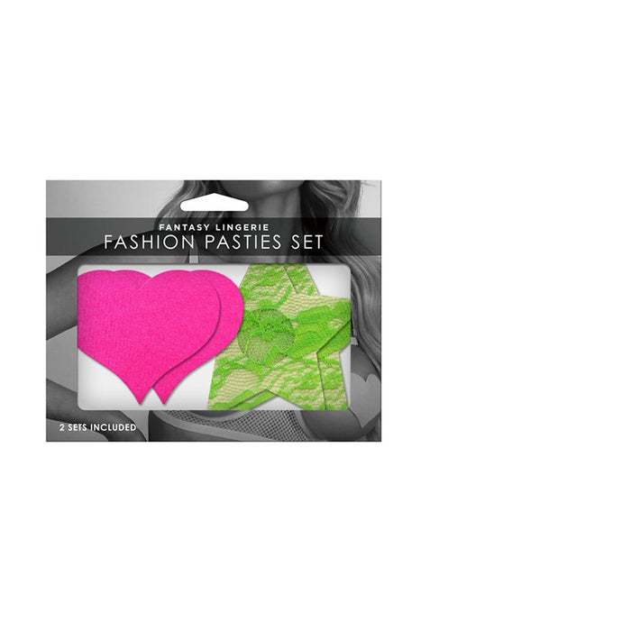 Fashion Pasties Set: Neon Pink Satin Heart Neon Green Lace Star - SexToy.com