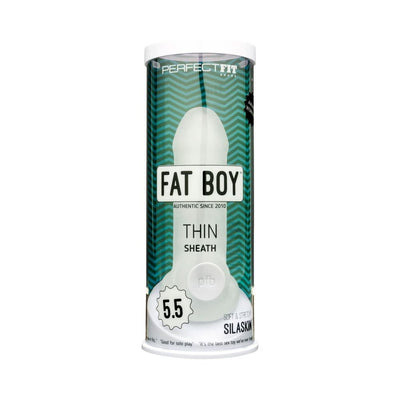 Clear Fat Boy Thin 5.5 sheath in transparent cylindrical packaging with teal chevron background and white cap.