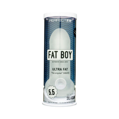 Clear cylindrical packaging of Fat Boy Original Ultra Fat 5.5 sheath by Perfect Fit with blue and white label design.