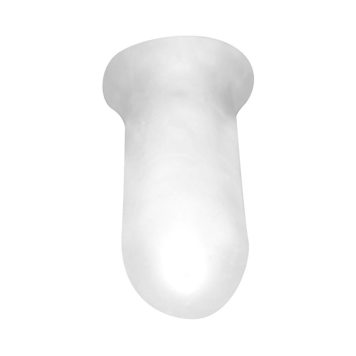 Clear ultra-soft stretchy sheath with closed tip and wide base for secure fit and added girth enhancement.
