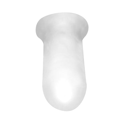 Clear ultra-soft stretchy sheath with closed tip and wide base for secure fit and added girth enhancement.