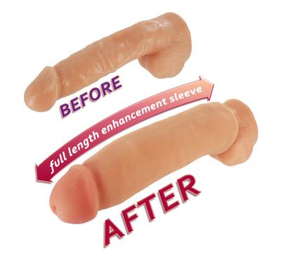 Before and after comparison of a realistic penis enlarger sleeve adding length and girth.