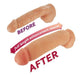 Before and after comparison of a realistic penis enlarger sleeve adding length and girth.
