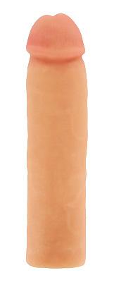 Realistic flesh-toned penis enlarger sleeve with a thick, textured shaft and defined head for enhanced size and girth.