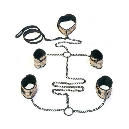 Faux Leather Collar, Wrist, Ankle Restraints & Leash Bondage Kit Gold - SexToy.com