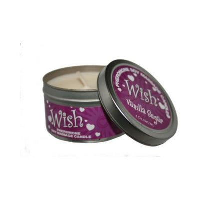 Open tin of Wish Vanilla Sugar pheromone soy massage candle with purple label and silver lid