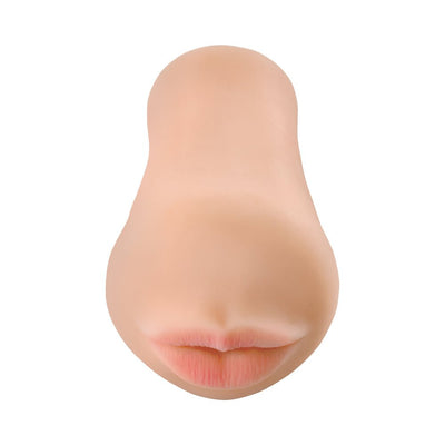 Compact oral stroker with realistic lips and soft flesh texture for lifelike deep throat sensation.