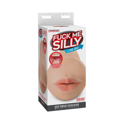 Packaging of F*ck Me Silly To Go oral stroker with lifelike lips and realistic teeth detail shown on front.