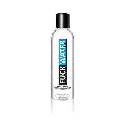 Clear 4 fl. oz. bottle of F*ck Water clear water-based personal lubricant with black cap and blue label.