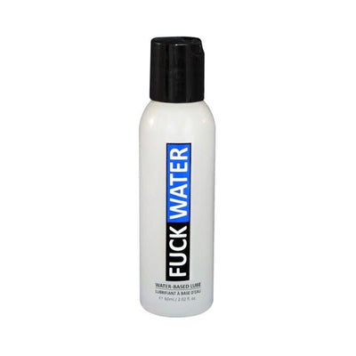 Bottle of Fuck Water water-based lubricant with black cap and bold blue and black label on white background