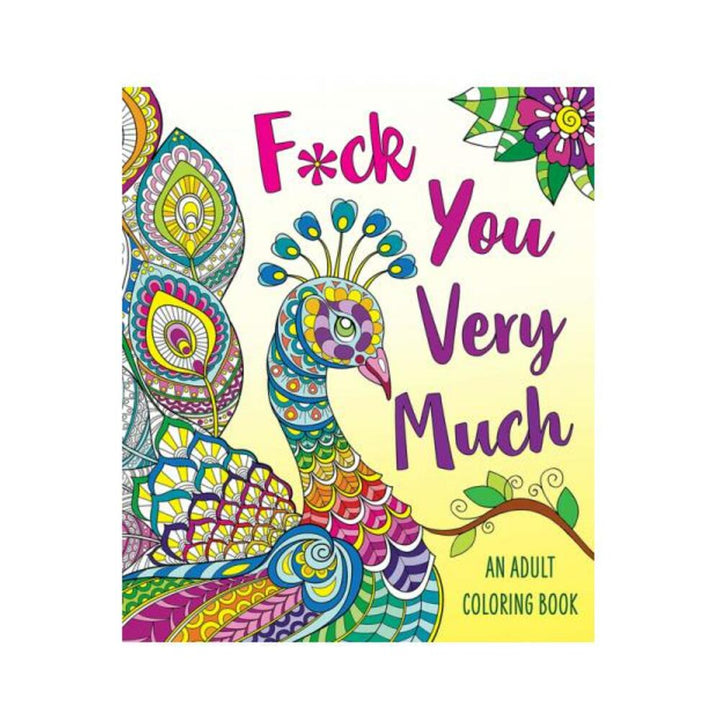 Colorful adult coloring book cover featuring a detailed peacock illustration and bold playful text.