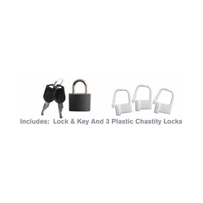Set of two metal keys, one black padlock, and three white plastic chastity locks on a white background.