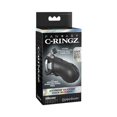 Packaging of Fantasy C-Ringz Extreme Silicone Cock Blocker in black with adjustable stainless steel ring and included locks and keys.