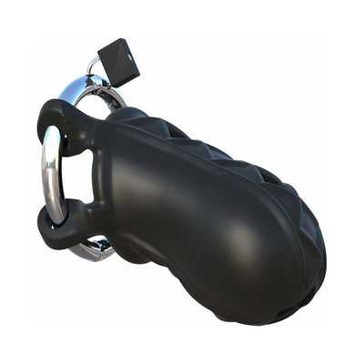 Black silicone chastity cage with stainless steel ring and attached lock for secure wear